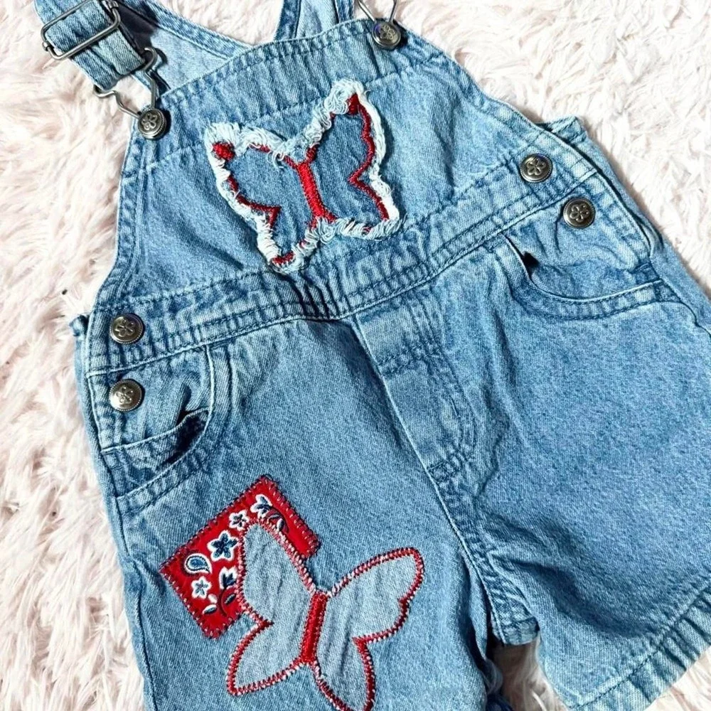 Vintage 90s Americana Distressed Butterfly Retro Utility Overall Denim Baby 3-6M